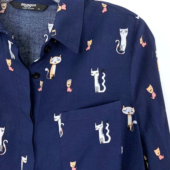Whimsical Cat Print Navy Button Down Rayon/Viscose Shirt Blouse Sz M - Picture 10 of 16